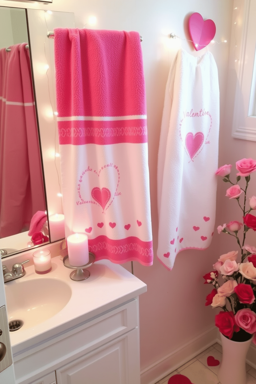 A charming bathroom setting adorned with Valentine's themed bath towels, featuring soft pastel colors and playful heart patterns. The towels are neatly hung on a decorative rack, complemented by a romantic candle arrangement on the countertop. The space is enhanced with subtle pink and red accents, including a heart-shaped bath mat and floral arrangements in soft hues. Delicate fairy lights are strung along the mirror, creating a warm and inviting atmosphere perfect for celebrating the day of love.