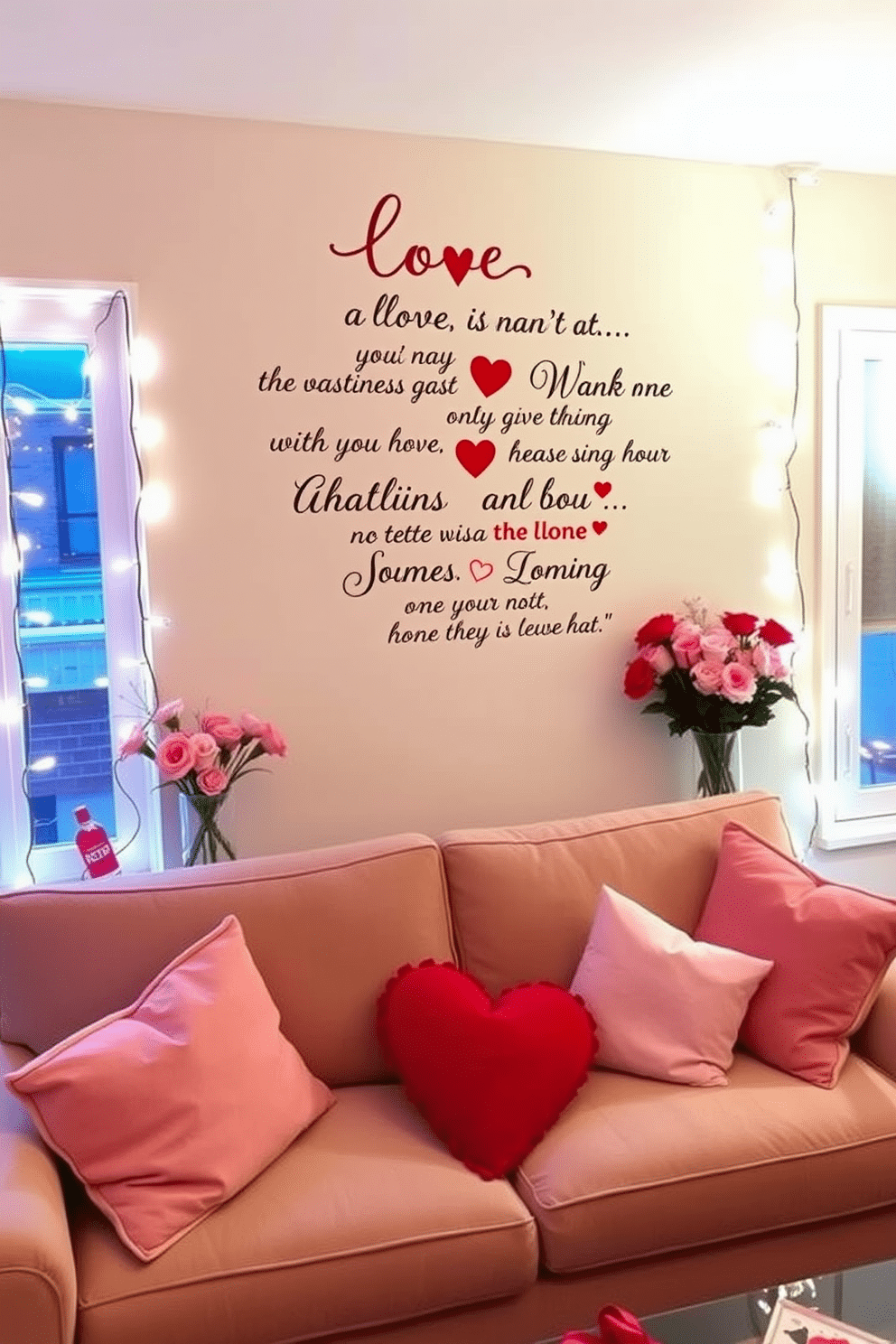 A romantic living space adorned with love quote wall decals that inspire warmth and connection. The decals are artistically arranged above a cozy sofa, creating a focal point that invites conversation and affection. For Valentine's Day, the apartment is decorated with soft pink and red accents, including heart-shaped pillows and tasteful floral arrangements. Twinkling fairy lights drape around the windows, adding a touch of magic to the atmosphere.