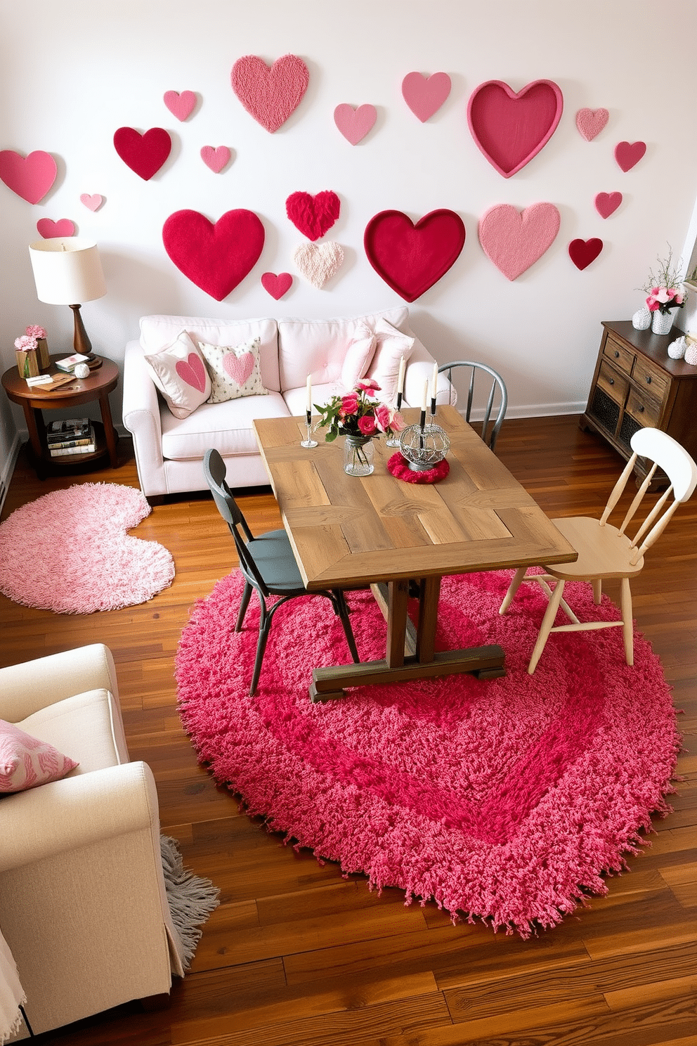 A cozy living room adorned with heart-shaped rugs in various sizes, creating a playful yet romantic atmosphere. Soft, pastel-colored furnishings complement the rugs, while heart-themed throw pillows add an extra touch of charm. An inviting dining area featuring a heart-shaped rug under a rustic wooden table, surrounded by mismatched chairs for a casual vibe. Delicate floral arrangements and candlelight enhance the Valentine's Day spirit, making it perfect for intimate gatherings.