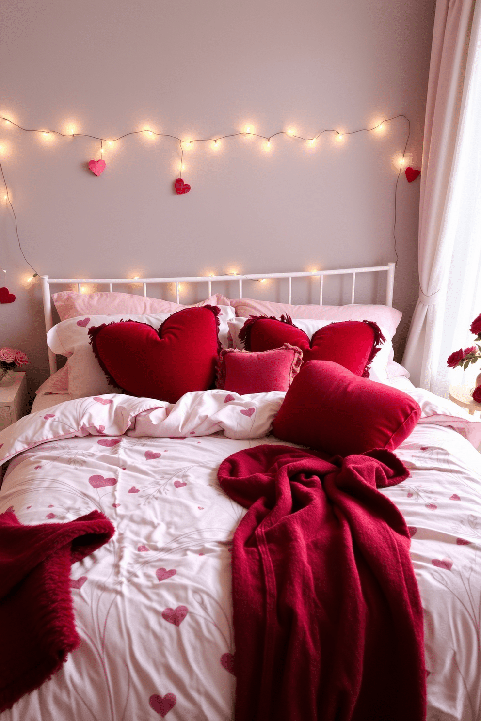 A romantic bedroom setting adorned with Valentine's themed bedding. The duvet cover features a delicate heart pattern in soft pink and white, complemented by plush throw pillows in varying shades of red. The room is softly lit with fairy lights draped along the headboard. A cozy throw blanket in deep burgundy is casually placed at the foot of the bed, enhancing the warm and inviting atmosphere.