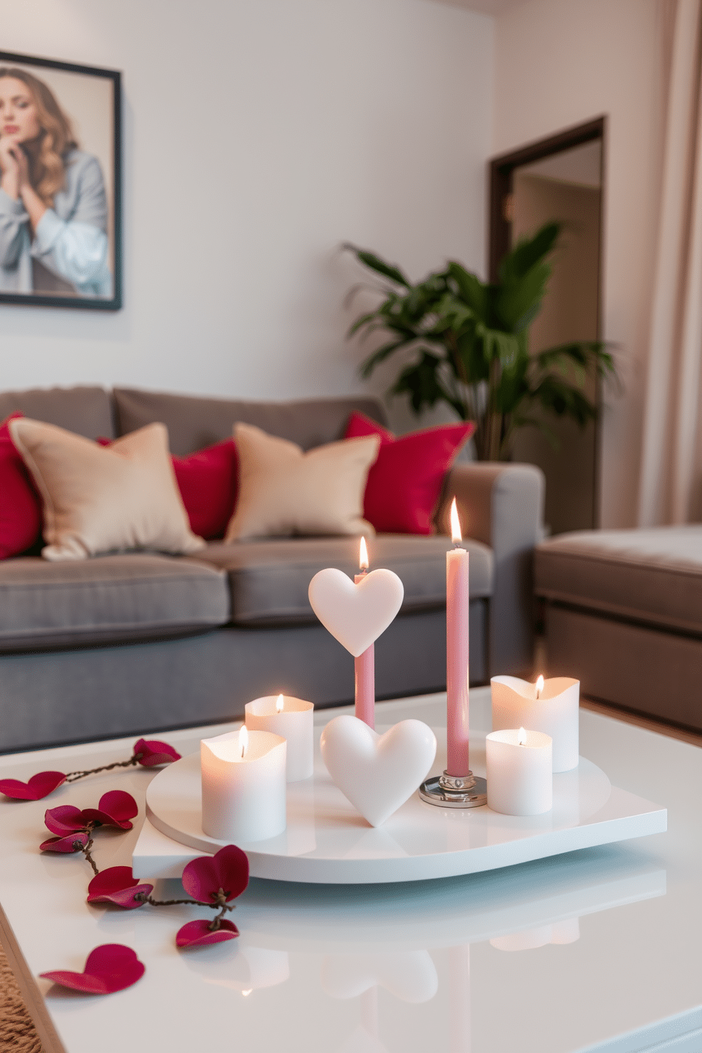 A cozy apartment setting adorned with heart-shaped candles flickering softly on a stylish coffee table. The room features a romantic ambiance with plush cushions and a warm color palette, perfect for celebrating Valentine's Day.