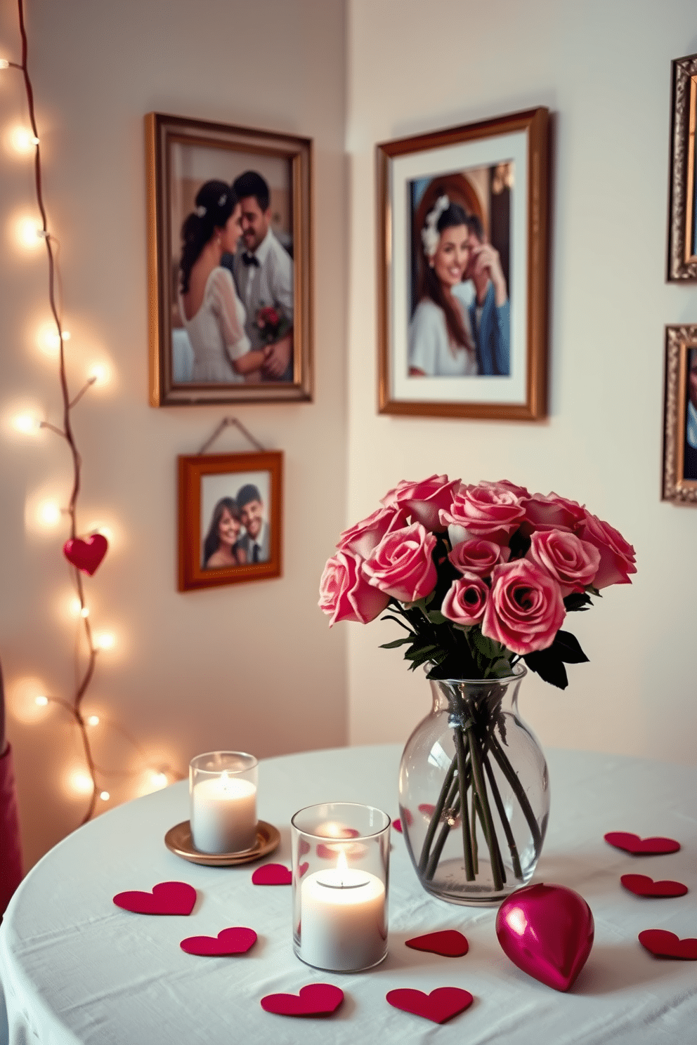 A cozy corner adorned with romantic photo frames showcasing cherished memories. The frames are elegantly arranged on a soft, pastel-colored wall, complemented by delicate fairy lights that add a warm glow to the space. A beautifully set table for a Valentine's Day dinner, featuring a lovely centerpiece of roses in a glass vase. Soft candlelight flickers on the table, creating an intimate atmosphere with heart-themed decorations scattered around.