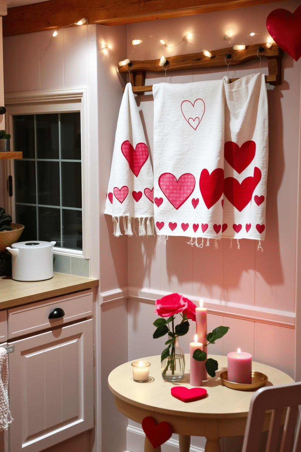 A charming kitchen adorned with Valentine's themed towels featuring heart patterns in shades of red and pink. The towels hang elegantly from a rustic wooden rack, complementing the warm, inviting atmosphere of the space. In the corner, a small dining table is set for a romantic meal, decorated with a vase of fresh roses and heart-shaped candles. Soft fairy lights twinkle above, adding a cozy glow to the room, perfect for celebrating the spirit of Valentine's Day.