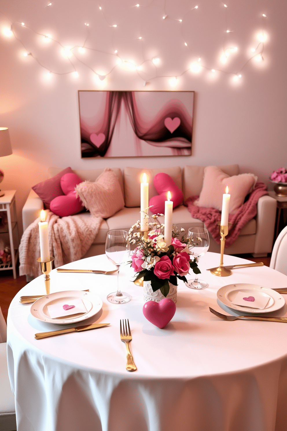 A beautifully set candlelit dinner table features a crisp white tablecloth adorned with elegant gold cutlery and fine china. Soft, flickering candlelight casts a warm glow, enhancing the romantic atmosphere with delicate floral arrangements in the center. The apartment is tastefully decorated for Valentine's Day, with heart-shaped accents and soft pink hues throughout the space. Cozy throw pillows and plush blankets on the sofa invite relaxation, while fairy lights twinkle above, creating a dreamy ambiance.