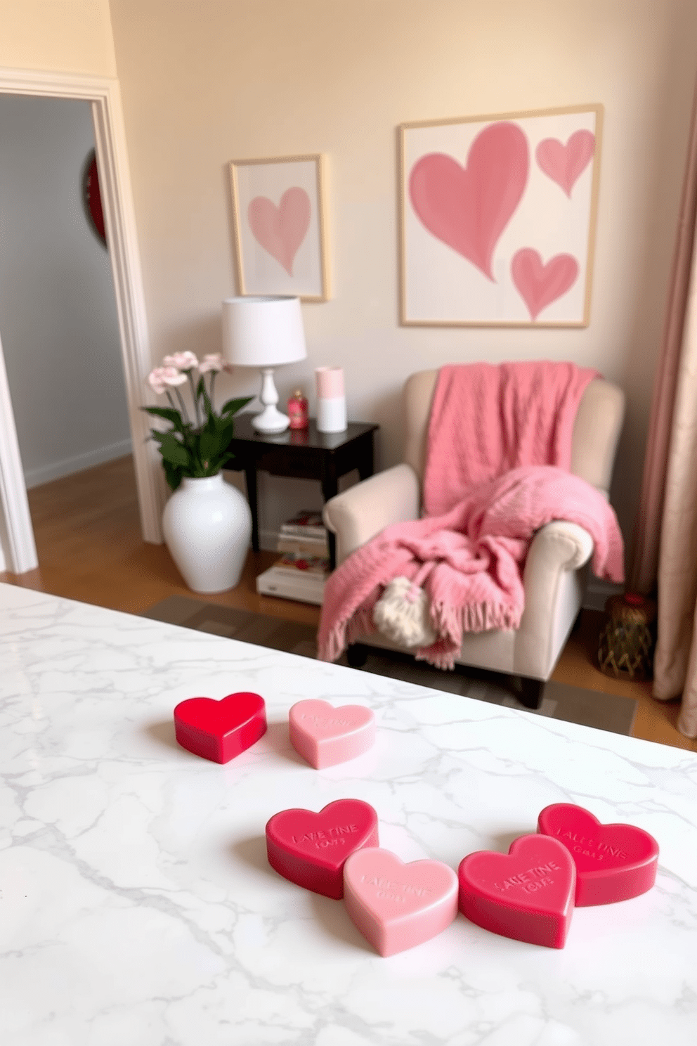 A charming apartment decorated for Valentine's Day, featuring heart-shaped soap bars elegantly arranged on a white marble countertop. The space is adorned with soft pink and red accents, including a cozy throw blanket draped over a plush armchair and heart-themed wall art that adds a romantic touch.