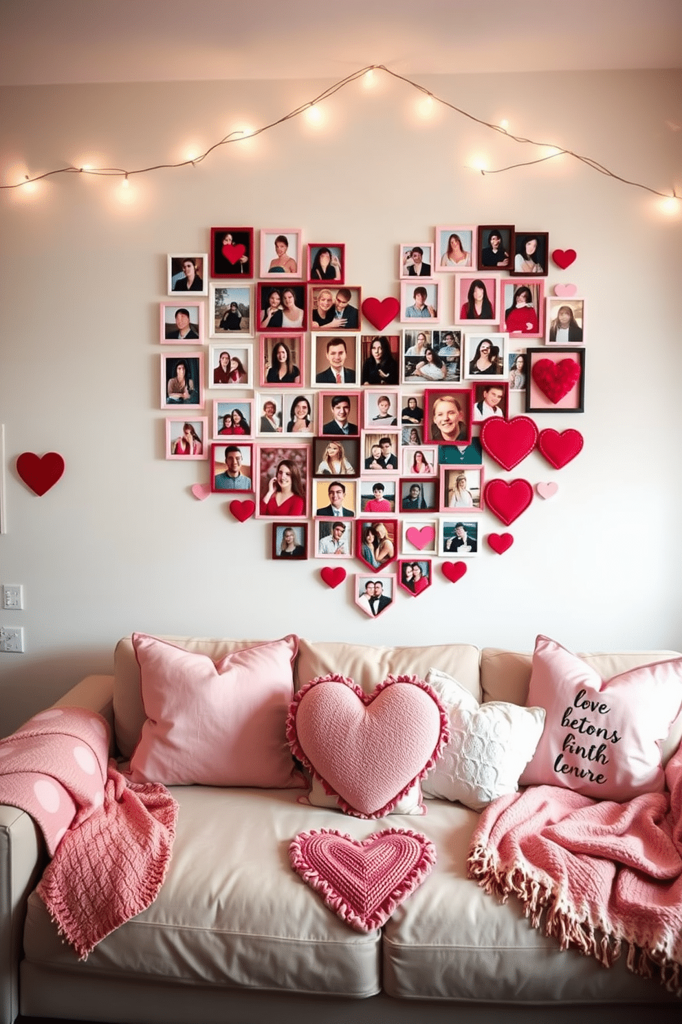 A heart-shaped photo collage fills the wall, showcasing cherished memories in a playful arrangement. Each frame is adorned with a mix of vibrant colors and textures, creating a warm and inviting atmosphere. The apartment is beautifully decorated for Valentine's Day, featuring soft pink and red accents throughout. Heart-themed cushions and throw blankets are artfully placed on the couch, while fairy lights twinkle above, adding a romantic glow to the space.