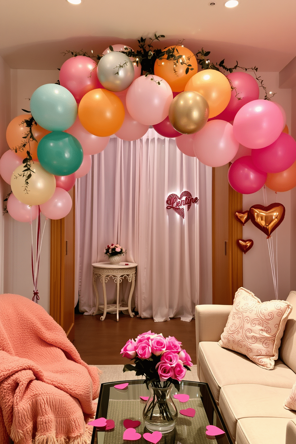 A whimsical balloon arch entryway welcomes guests with a vibrant mix of pastel and metallic balloons, creating a festive atmosphere. The arch is adorned with delicate greenery and fairy lights, enhancing the celebratory feel as it frames the entrance. For Valentine's Day, the apartment is transformed with soft hues of pink and red, featuring heart-shaped decorations and romantic lighting. Cozy throws and plush cushions on the sofa invite relaxation, while a table centerpiece of fresh roses adds a touch of elegance to the space.