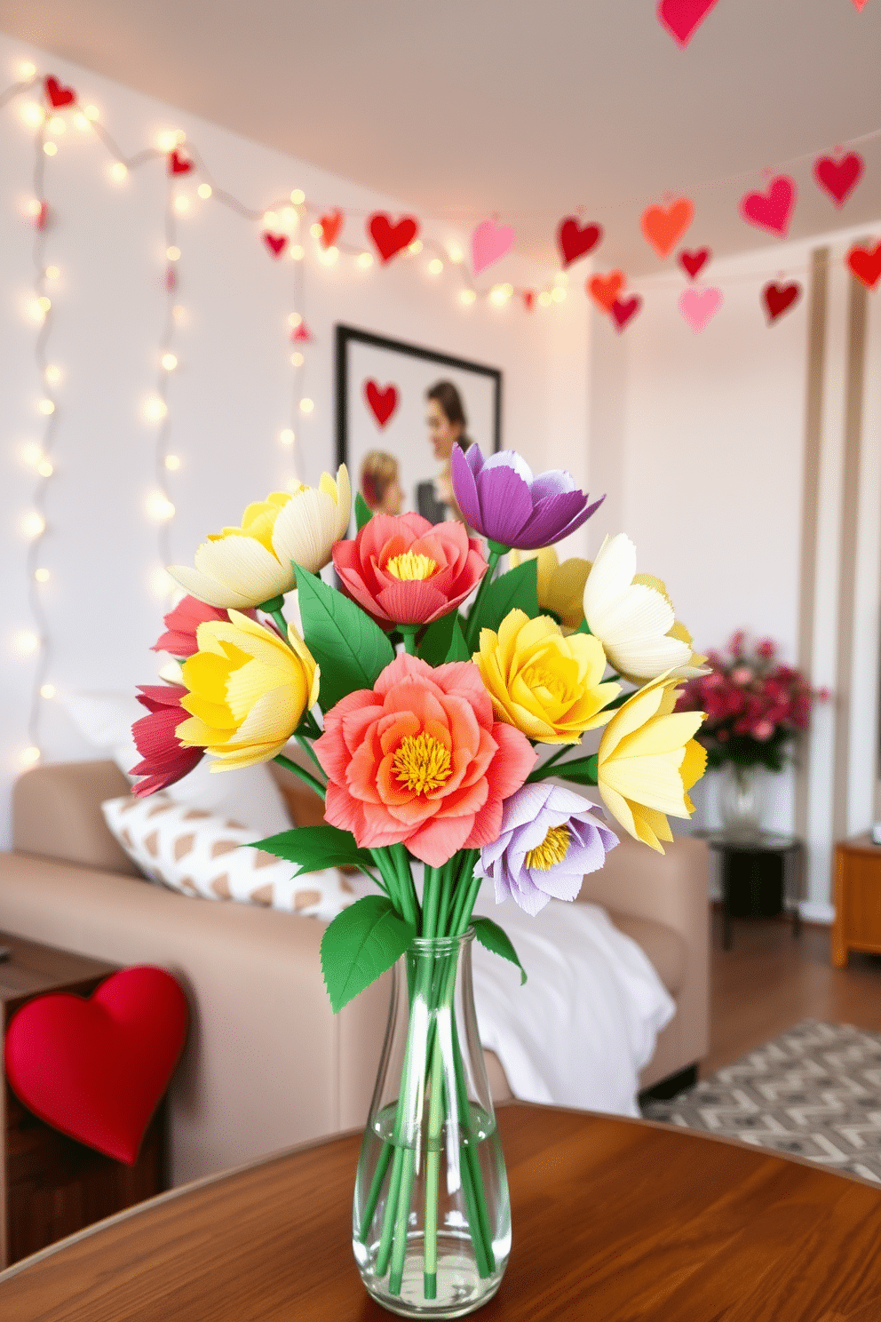 A charming DIY paper flower bouquet arranged in a stylish vase. The bouquet features an array of colorful blooms, crafted from textured paper, with delicate leaves peeking out among the flowers. A cozy apartment adorned with romantic Valentine's Day decorations. Soft string lights drape across the walls, while heart-shaped garlands hang from the ceiling, creating an inviting and festive atmosphere.