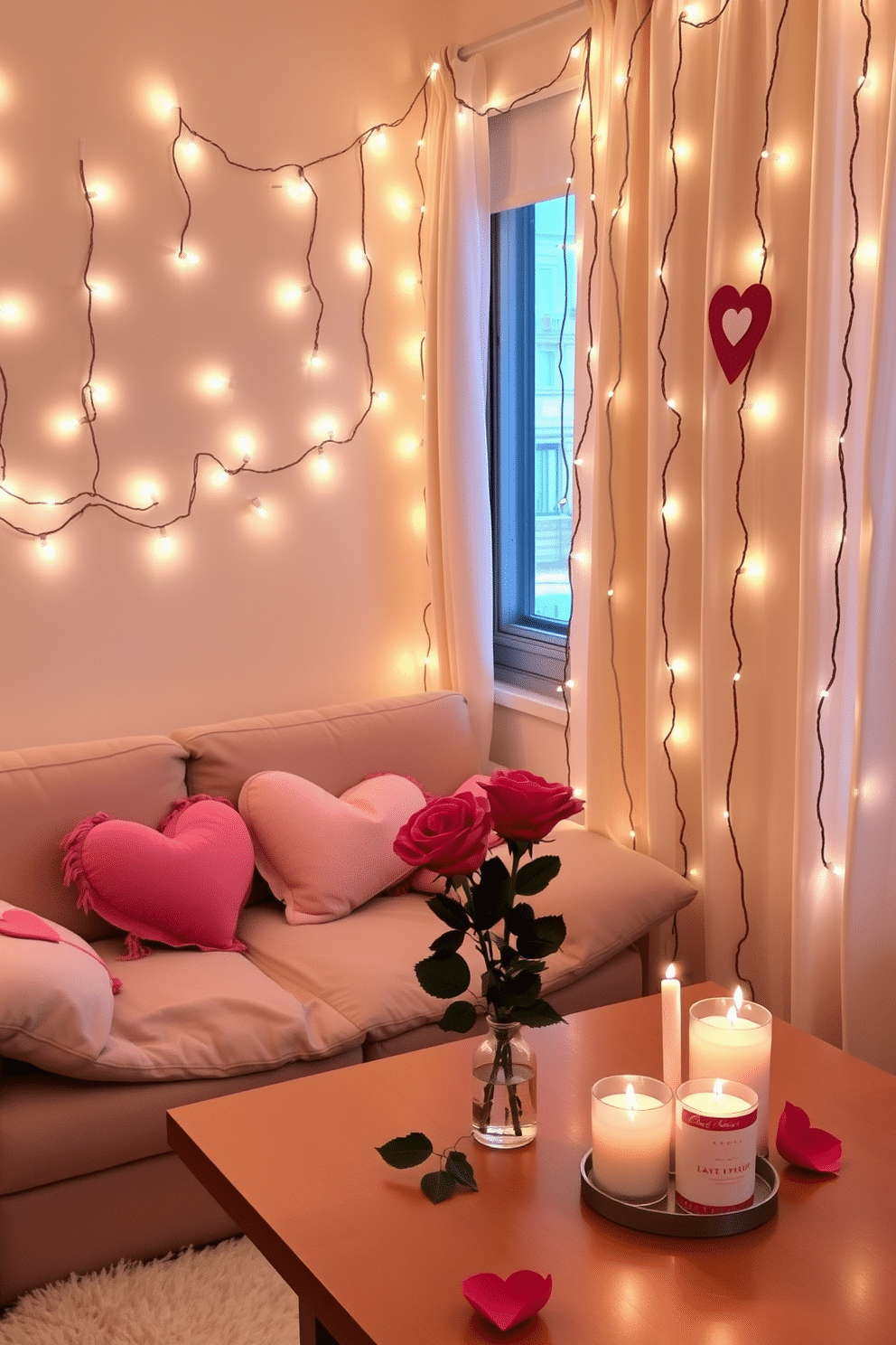 A cozy apartment setting adorned with romantic string lights that gently illuminate the space. The lights are draped along the walls and ceiling, creating a warm and inviting atmosphere perfect for a Valentine's Day celebration. Soft pastel decorations complement the lights, with heart-shaped pillows scattered on a plush couch. A small dining table is set for two, featuring a bouquet of fresh roses and candles that flicker softly in the glow of the string lights.