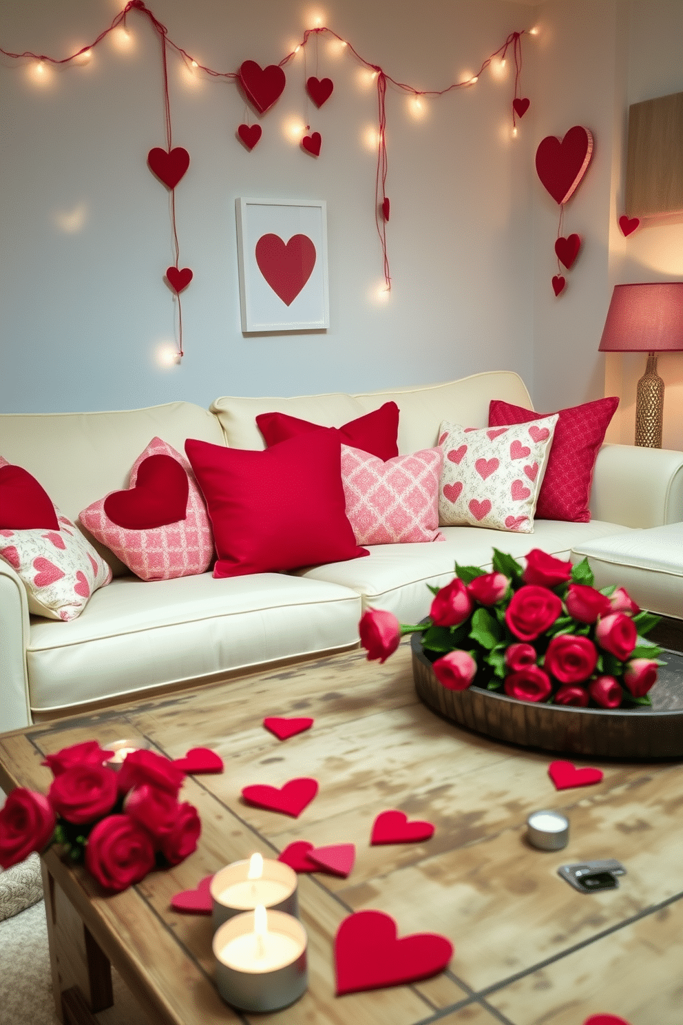 A cozy living room adorned with heart-patterned throw pillows in shades of red and pink, scattered across a plush, cream-colored sofa. The space is enhanced by soft, ambient lighting, creating a warm and inviting atmosphere perfect for Valentine's Day celebrations. Delicate heart-themed decorations, such as garlands and wall art, hang gracefully around the room, adding a festive touch. A rustic coffee table is set with a bouquet of fresh roses and heart-shaped candles, inviting guests to relax and enjoy the romantic ambiance.