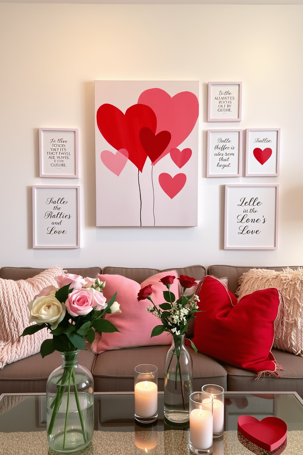 A romantic Valentine's themed wall art display featuring a large canvas adorned with abstract heart shapes in shades of red and pink. Surrounding the canvas are smaller framed prints with heartfelt quotes in elegant typography, creating a cohesive and inviting atmosphere. An apartment decorated for Valentine's Day with soft, ambient lighting and plush throw pillows in pastel hues. The living space is adorned with fresh flowers in decorative vases, and heart-shaped accents are subtly integrated throughout the decor, enhancing the romantic vibe.