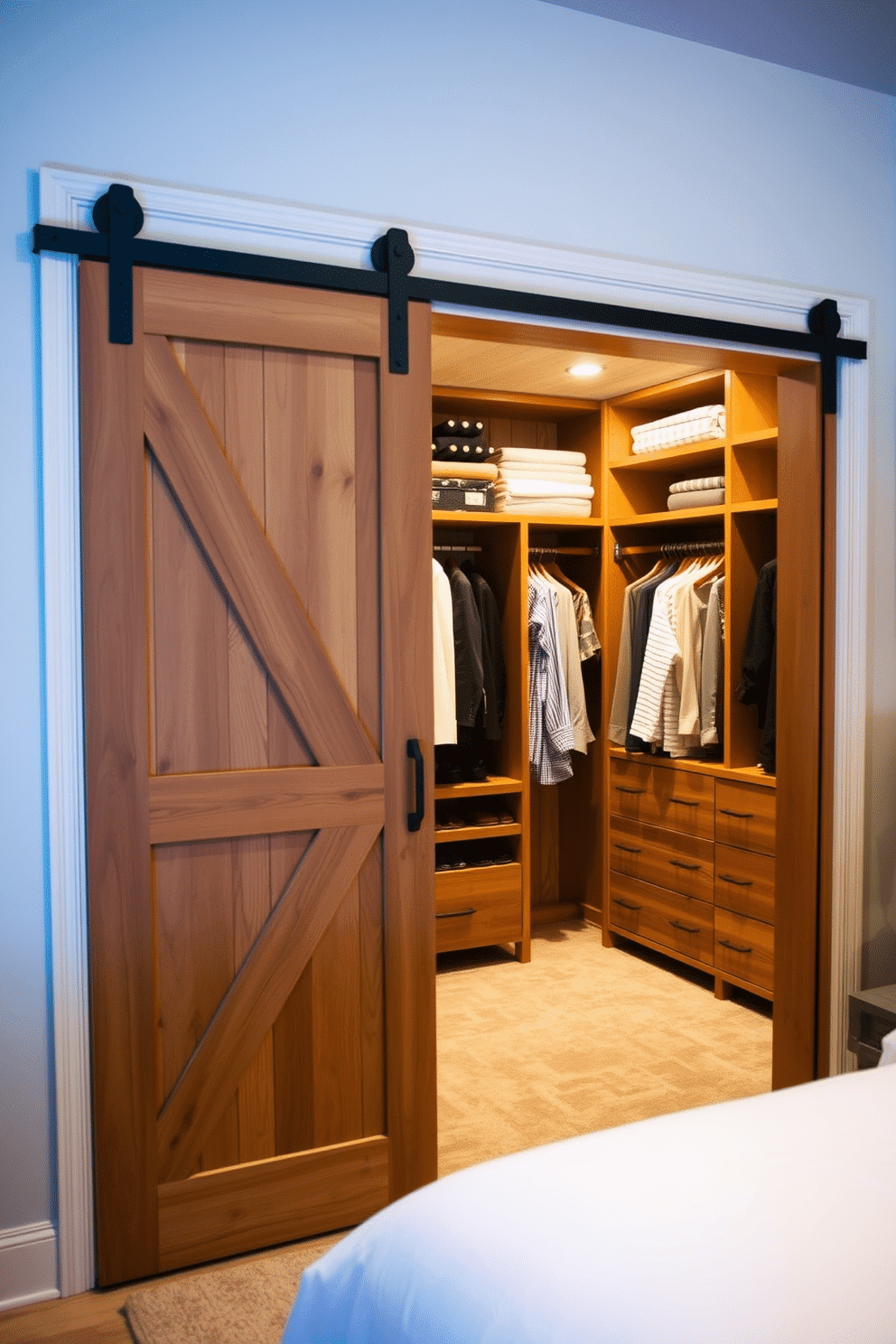 A stylish walk-in closet featuring sliding barn doors adds a rustic charm to the space. Inside, the closet showcases custom shelving and hanging rods, with warm wooden accents and soft ambient lighting creating an inviting atmosphere.