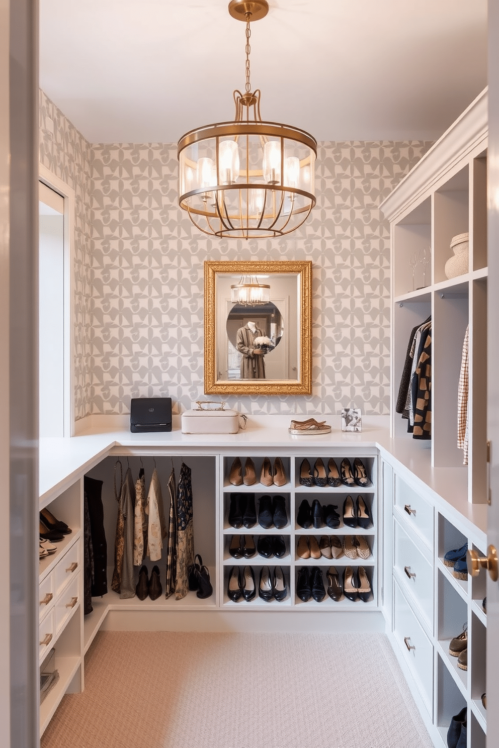 A chic walk-in closet featuring accent wallpaper with a bold geometric pattern in soft pastels. The space is illuminated by a modern chandelier, and built-in shelving displays an organized collection of shoes and accessories.