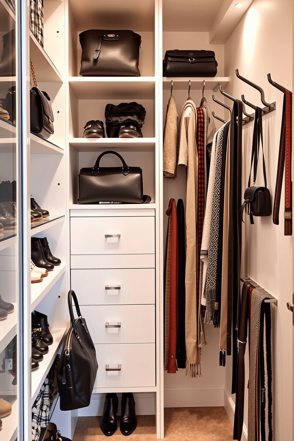 A stylish apartment walk-in closet featuring a combination of hooks and racks for accessories display. The space is illuminated by soft lighting, with organized shelves holding shoes and handbags, while elegant hooks showcase scarves and belts on the walls.