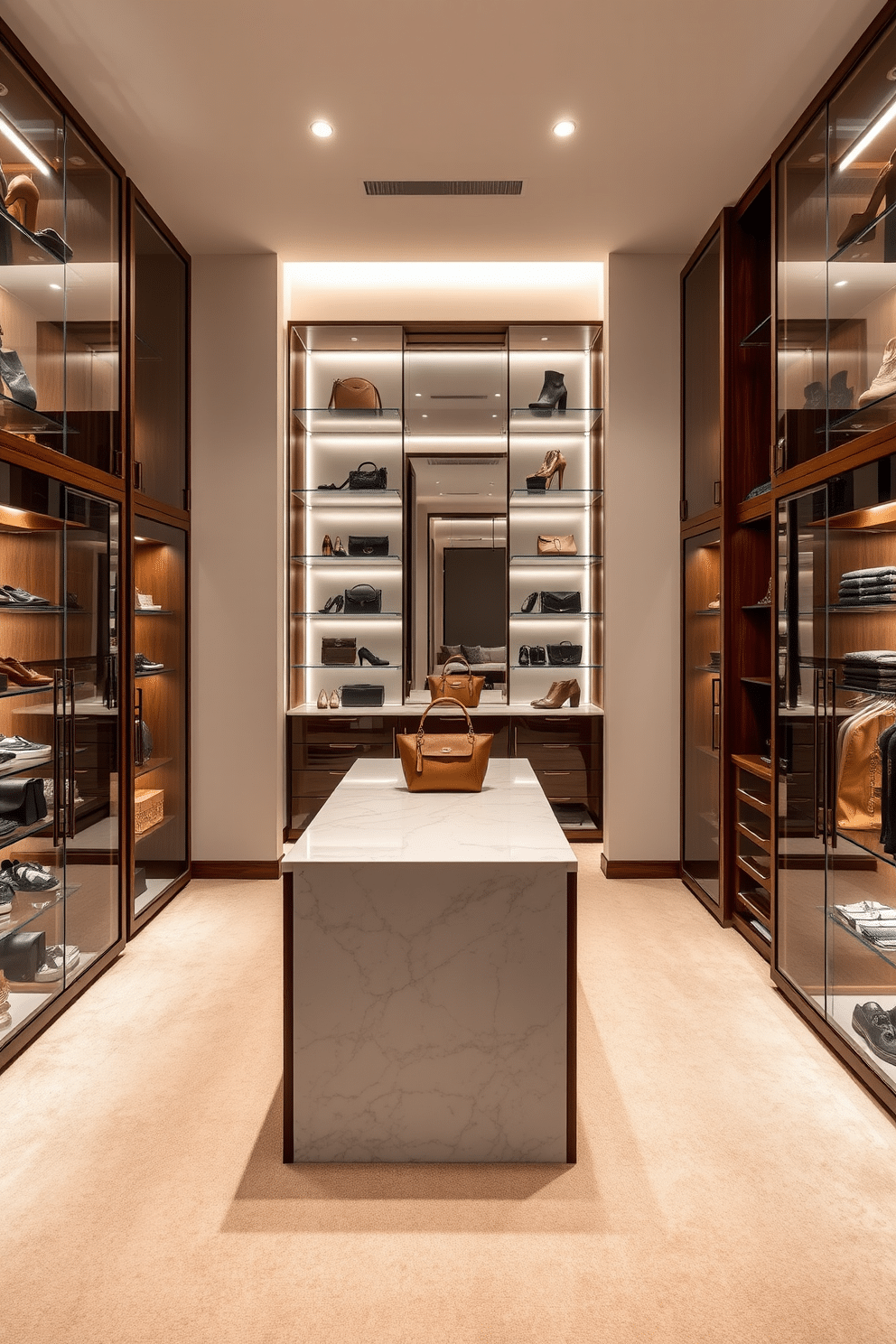 A luxurious walk-in closet featuring elegant glass display cases for shoes and bags, allowing for an organized yet stylish showcase. The walls are adorned with soft, ambient lighting, and the flooring is a plush carpet in a neutral tone, creating a cozy atmosphere. The centerpiece is an island with a marble top, providing additional storage and a space for accessories. Rich wooden cabinetry complements the glass cases, while a large mirror reflects the sophisticated design, enhancing the sense of space.