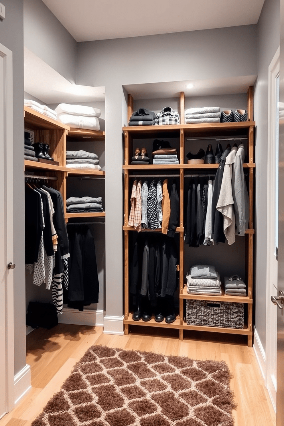 A stylish walk-in closet featuring ladder shelving for a trendy, modern look. The shelves are made of reclaimed wood, displaying an array of neatly folded clothes and stylish accessories. The walls are painted in a soft gray, creating a calming atmosphere. A plush area rug in a geometric pattern adds warmth and texture to the space, while integrated lighting highlights the curated displays.