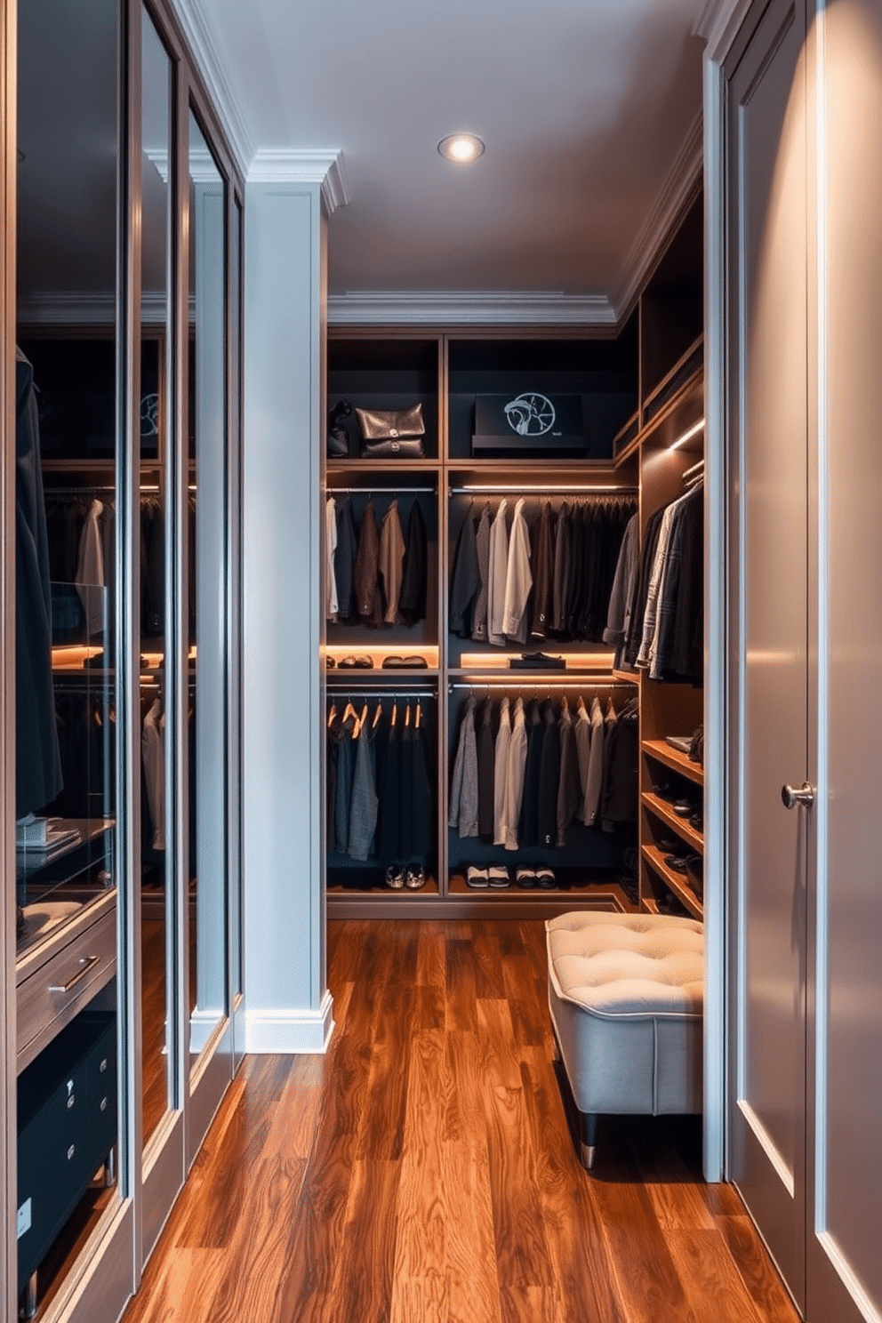 A luxurious walk-in closet featuring hidden compartments for secret storage. The space includes custom-built shelving, elegant lighting, and a plush seating area, seamlessly integrating functionality with style. The walls are adorned with soft, neutral tones, while the flooring is a rich hardwood that adds warmth. Mirrored panels reflect the organized clothing and accessories, enhancing the sense of space and sophistication.