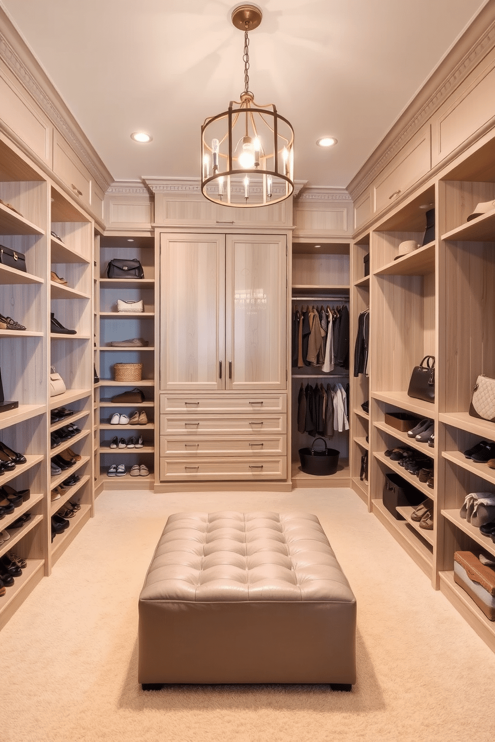 A spacious walk-in closet designed with a neutral color palette, featuring soft beige walls and light oak shelving. The floor is adorned with a plush cream carpet, providing a calming effect while showcasing organized storage for shoes, bags, and accessories. Elegant pendant lighting hangs from the ceiling, illuminating the space with a warm glow. A stylish ottoman in a muted taupe sits in the center, offering a comfortable spot for dressing and adding to the serene atmosphere.