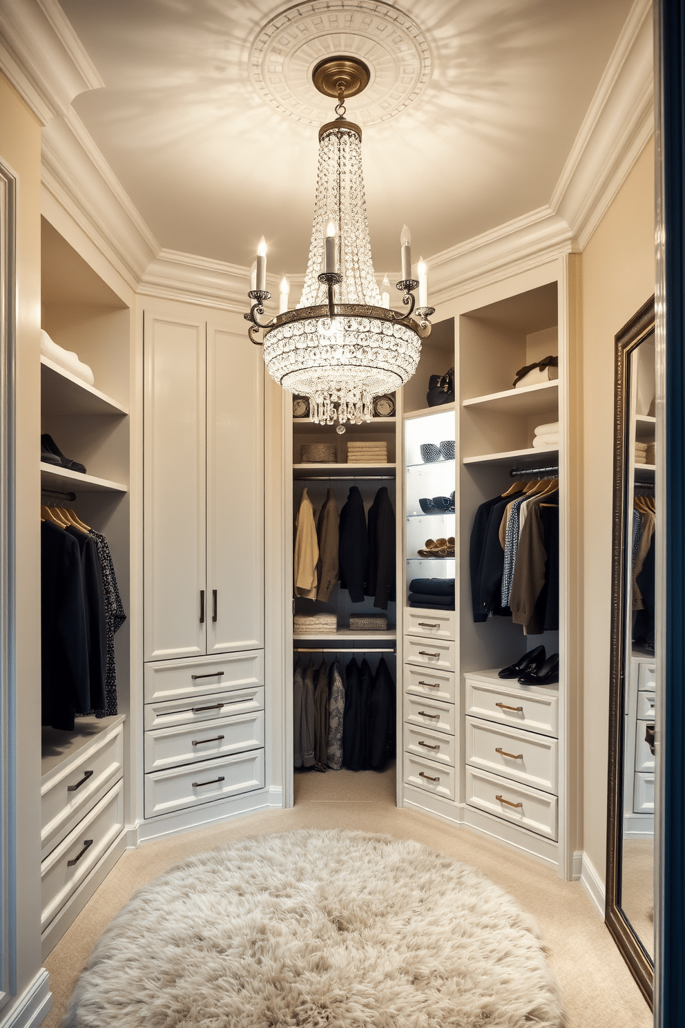 A luxurious walk-in closet featuring statement lighting fixtures that serve as focal points. The space is adorned with a crystal chandelier hanging from the ceiling, illuminating a stylish arrangement of custom shelving and hanging space. The walls are painted a soft cream color, enhancing the brightness of the room. A plush area rug in neutral tones adds warmth, while a full-length mirror reflects the elegant design and creates an illusion of more space.