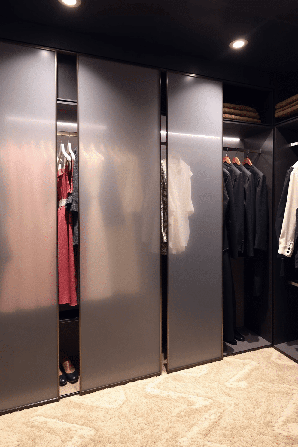 A stylish walk-in closet featuring elegant dividers to separate different clothing types. The dividers are made of frosted glass, allowing light to filter through while maintaining a sense of organization and privacy. On one side, neatly arranged hanging sections display a variety of dresses and blouses, while the other side showcases tailored suits and jackets. The floor is adorned with a plush, neutral-toned carpet, adding warmth to the space and inviting you to step inside.