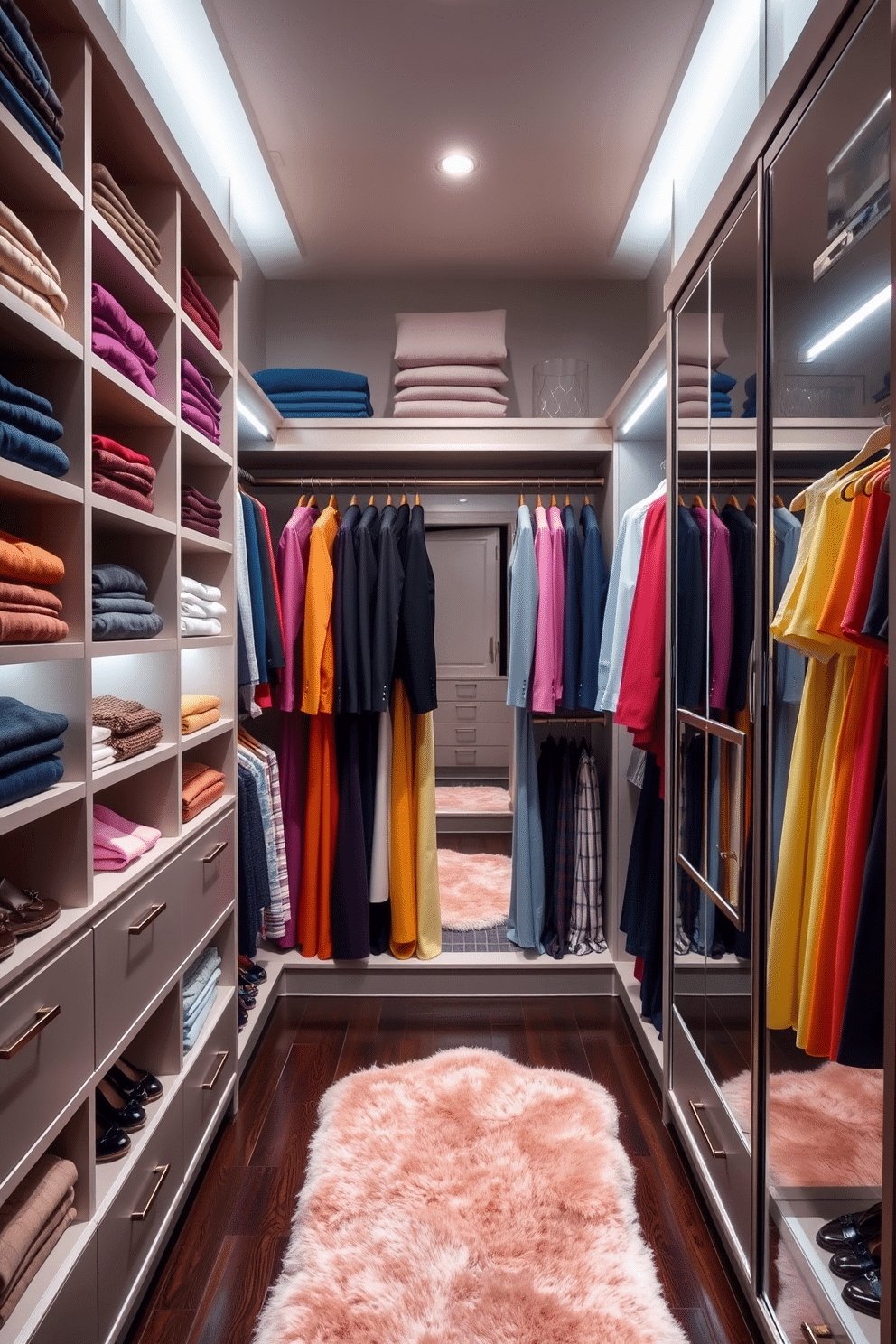 A stylish walk-in closet featuring color-coordinated clothing arranged by hue for a visually appealing display. Shelves are lined with neatly folded sweaters and shoes, while hanging space showcases dresses and suits in a gradient of colors. Soft lighting illuminates the space, highlighting the luxurious finishes of the cabinetry and flooring. A plush area rug adds warmth, while a full-length mirror reflects the organized beauty of the closet.