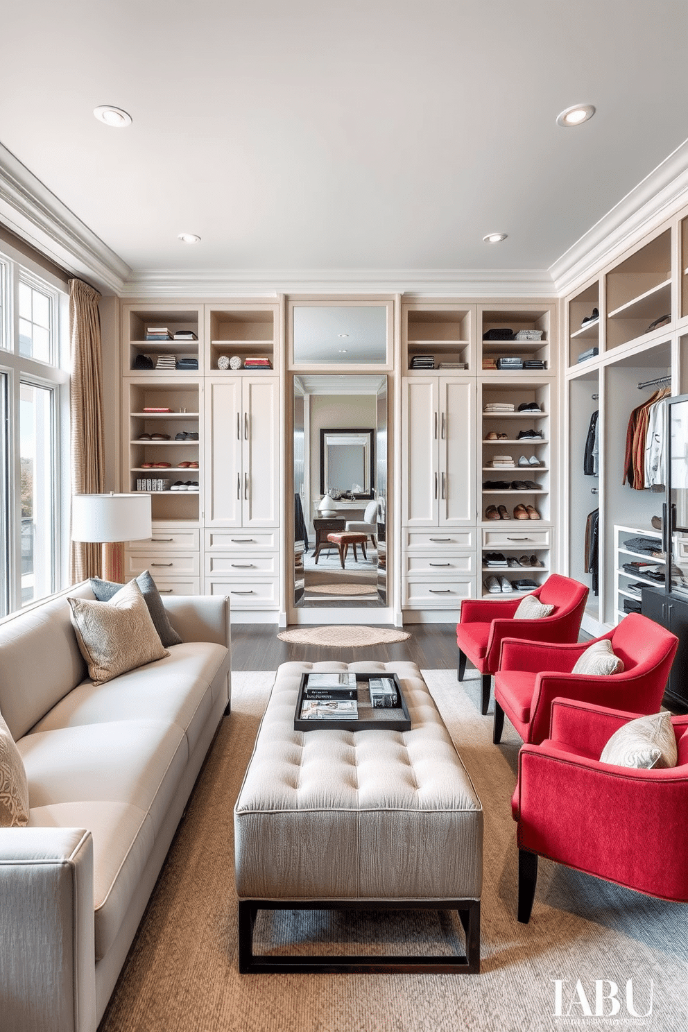 A stylish seating area features a plush, oversized sofa in a soft, neutral fabric, paired with a set of elegant accent chairs that add a pop of color. A sleek coffee table sits at the center, adorned with a stack of art books and a decorative tray, while large windows allow natural light to flood the space, enhancing the inviting atmosphere. The walk-in closet showcases custom cabinetry with ample storage, including built-in shelves and hanging space for clothes. A comfortable ottoman sits in the center, surrounded by well-organized shoe racks and a full-length mirror, creating a luxurious and functional dressing area.