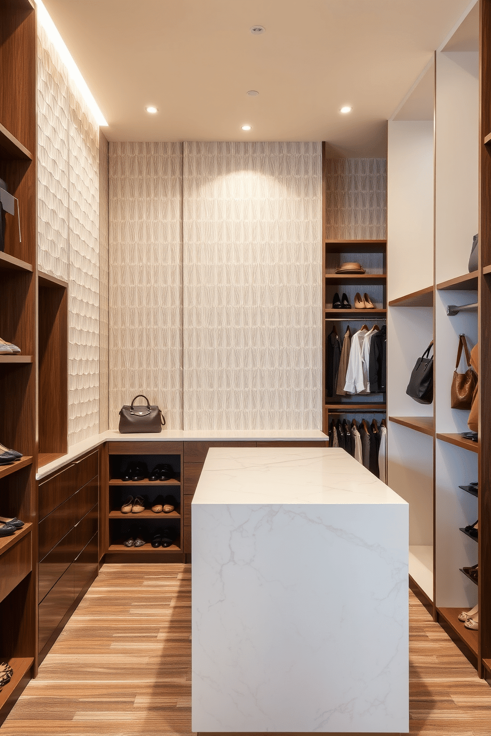 Textured wall panels create a stunning backdrop in a modern walk-in closet, enhancing the sense of depth and luxury. The panels, finished in a soft beige, contrast beautifully with the rich wooden shelving and hanging space. Incorporate a spacious island in the center, topped with a sleek marble surface for organizing accessories. Soft lighting fixtures above provide a warm glow, highlighting the carefully curated selection of shoes and handbags displayed on elegant racks.