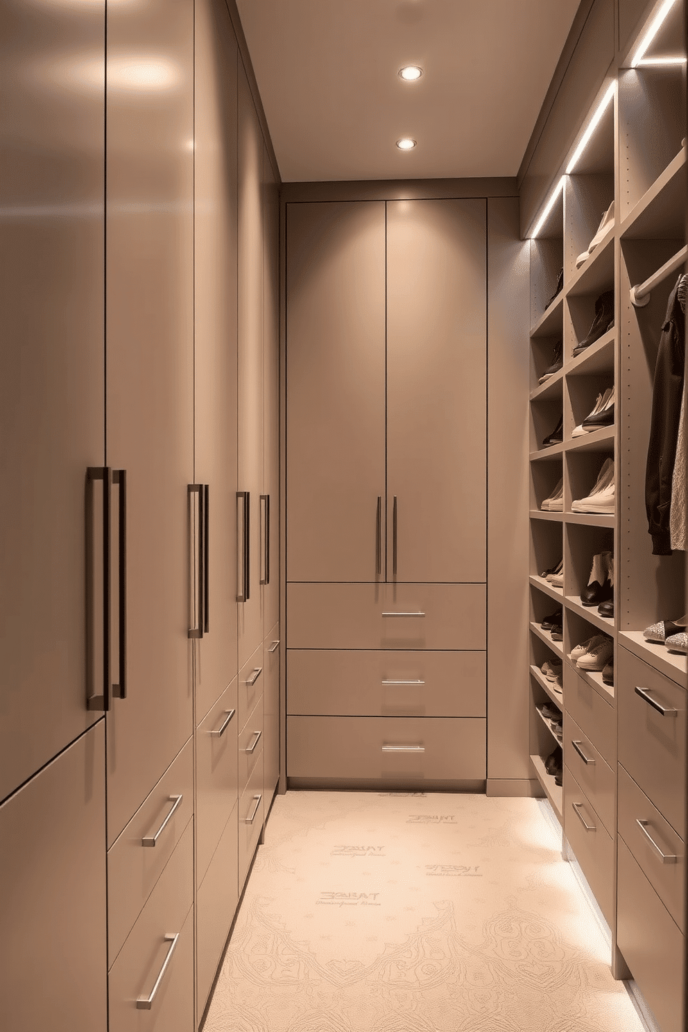 A spacious walk-in closet features floor-to-ceiling cabinetry in a sleek, modern finish, maximizing storage capacity while maintaining an elegant aesthetic. Soft, ambient lighting illuminates the space, highlighting organized shelves filled with neatly arranged shoes and accessories.