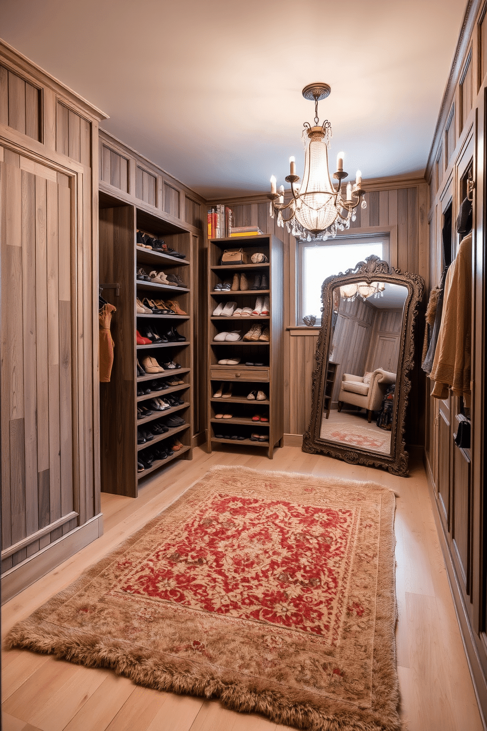 A stylish walk-in closet featuring vintage accents that add unique character. The walls are adorned with distressed wood paneling, and a plush, antique rug covers the floor, creating a cozy atmosphere. Shelving units made of reclaimed wood display an array of shoes and accessories, while a vintage chandelier hangs from the ceiling, casting a warm glow. An ornate full-length mirror is positioned against one wall, reflecting the charming details of the space.