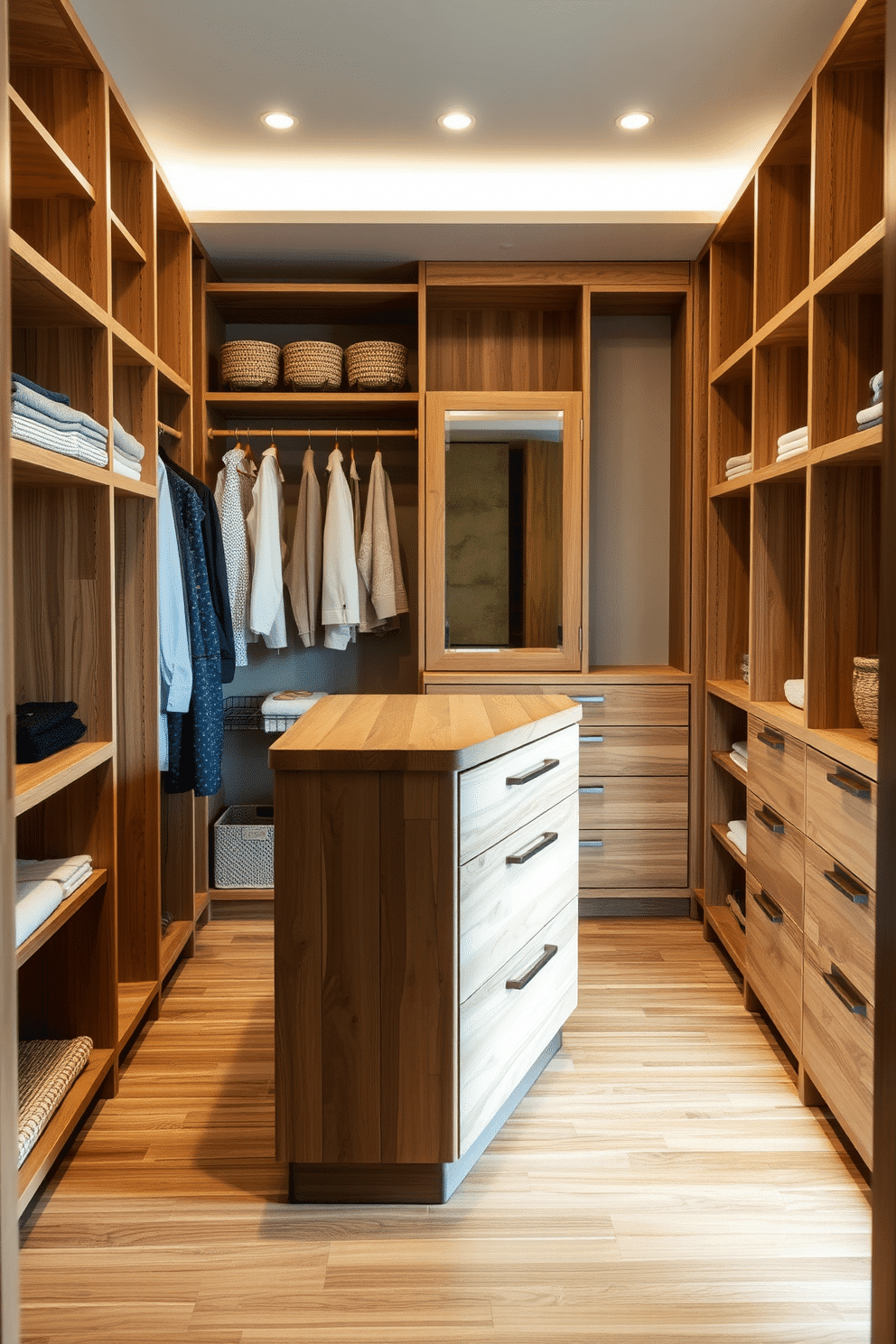 A stylish walk-in closet featuring eco-friendly materials, including reclaimed wood shelving and bamboo flooring. Soft LED lighting highlights the organized space, which includes a central island with a sustainable countertop made from recycled materials. The closet is designed with ample storage solutions, such as hanging racks made from natural fibers and drawers crafted from FSC-certified plywood. A full-length mirror with a wooden frame complements the overall aesthetic, creating a serene and sustainable environment.