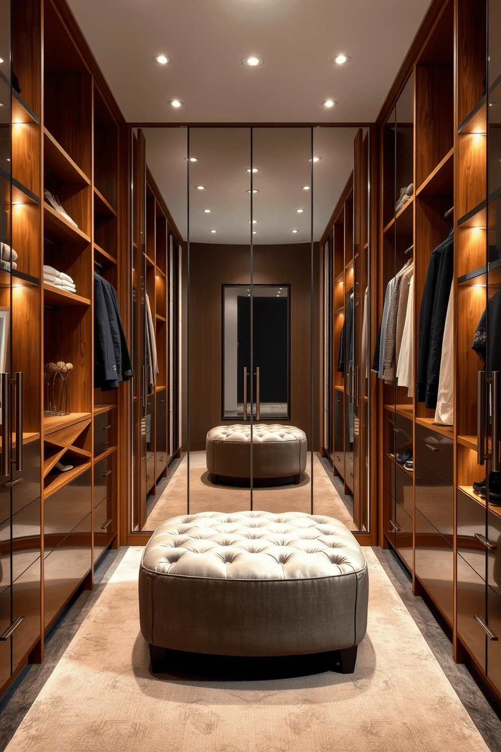 A stylish walk-in closet designed for functionality and elegance. The space features floor-to-ceiling mirrored panels that reflect light and create an illusion of a larger area, enhancing the overall ambiance. Luxurious shelving units in a warm wood finish provide ample storage for clothing and accessories. A plush ottoman sits in the center, inviting relaxation while selecting outfits, and soft lighting illuminates the space for a sophisticated touch.