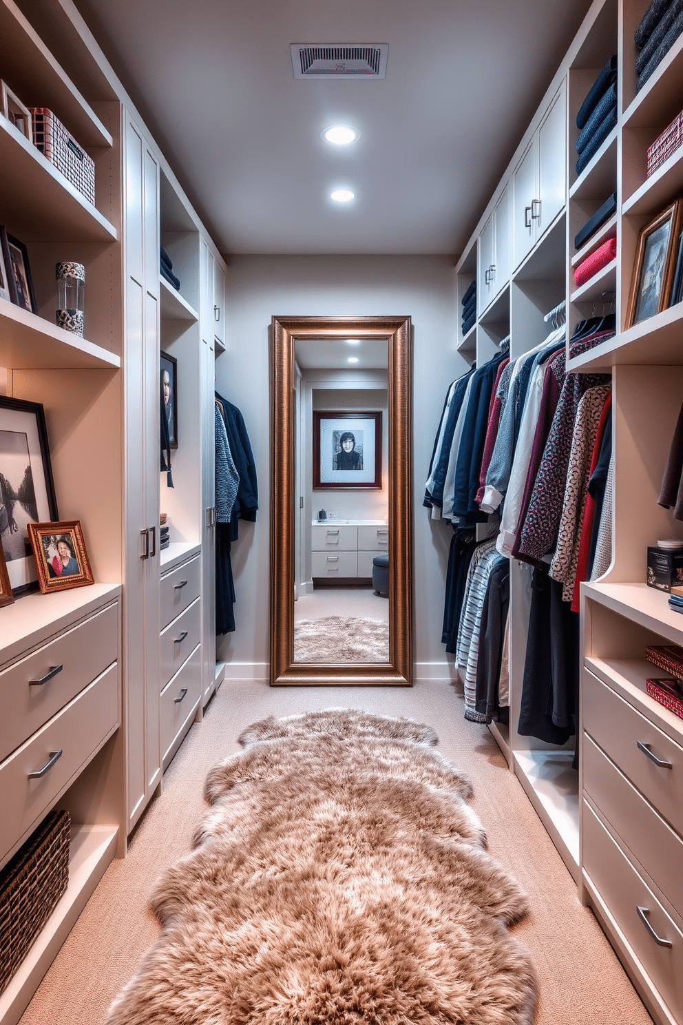 A stylish walk-in closet featuring custom shelving and hanging spaces designed to maximize storage. The walls are adorned with framed artwork and personal photos, creating a warm and inviting atmosphere. Soft lighting illuminates the space, highlighting a plush area rug in the center. A full-length mirror is strategically placed to enhance the feeling of openness while reflecting the personalized decor.