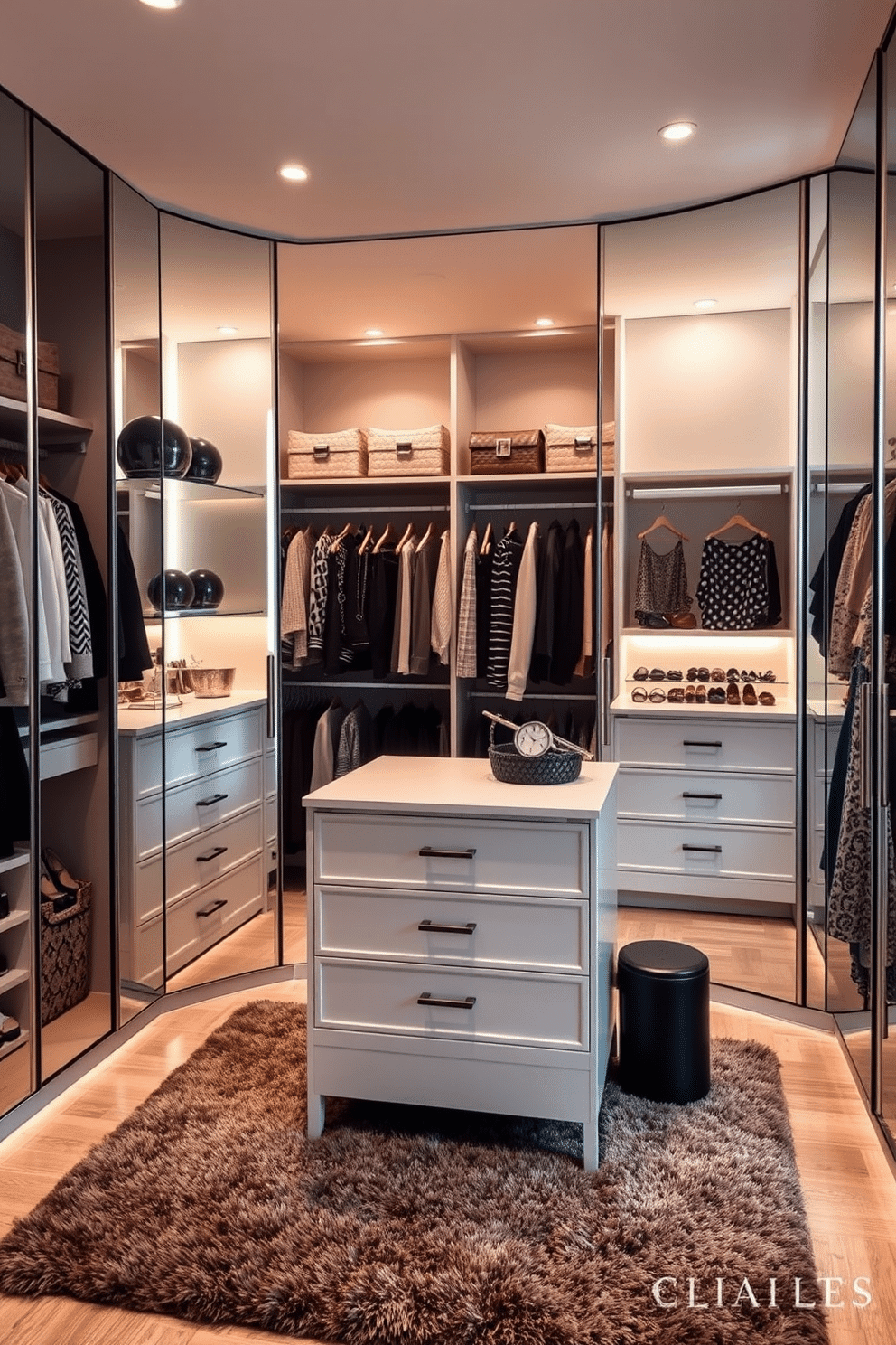 A stylish walk-in closet featuring mirrored doors that reflect light and create an illusion of a larger space. The design includes built-in shelving and hanging racks, all organized to showcase an array of clothing and accessories. Soft ambient lighting highlights the elegant finishes, while a plush area rug adds warmth underfoot. A central island with drawers provides additional storage and a dedicated space for jewelry and small items.