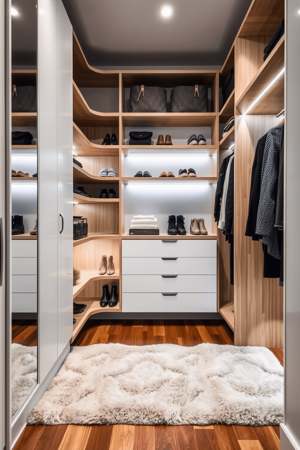 A stylish walk-in closet featuring corner shelves that maximize space efficiency. The shelves are made of light wood, providing a warm contrast to the sleek white walls and polished hardwood floor. The design includes a full-length mirror on one side, reflecting the organized layout, while soft LED lighting highlights the neatly arranged shoes and accessories. A plush area rug in a muted tone adds comfort underfoot, creating an inviting atmosphere for getting ready.