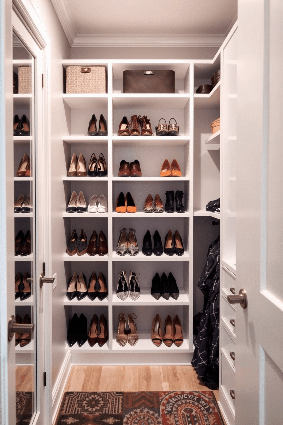 A stylish walk-in closet featuring open shelving for easy access and display of shoes and accessories. The walls are adorned with soft gray paint, and the floor is a light wood finish, creating a warm and inviting atmosphere.