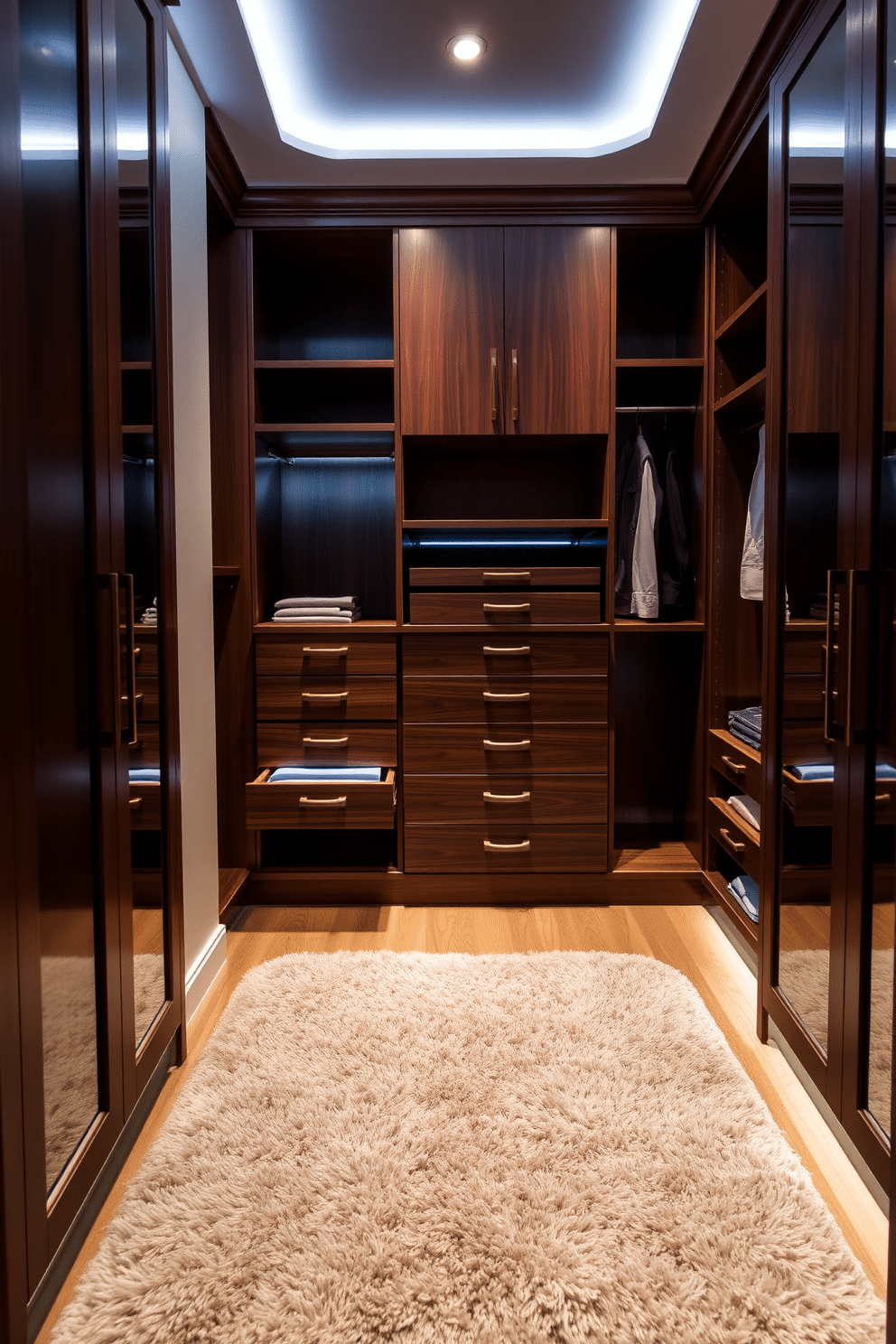 A stylish walk-in closet featuring built-in drawers for organized storage. The drawers are seamlessly integrated into the design, providing a clean and streamlined look while maximizing space efficiency. Soft LED lighting illuminates the closet, highlighting the rich wood finishes of the cabinetry. A plush area rug adds warmth underfoot, while a full-length mirror reflects the elegant design.