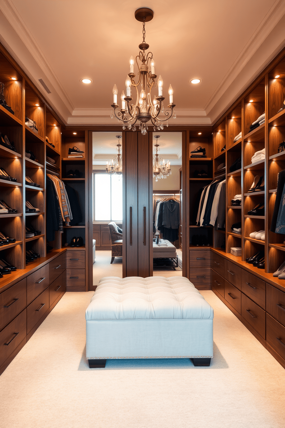 A spacious walk-in closet featuring soft, ambient lighting that casts a warm glow throughout the space. Elegant wooden shelves display an array of shoes and accessories, while a plush ottoman sits in the center for comfortable seating. The walls are adorned with a soft beige hue, complemented by a chic chandelier that adds a touch of luxury. Full-length mirrors reflect the carefully organized clothing, creating an inviting and stylish environment for getting ready.