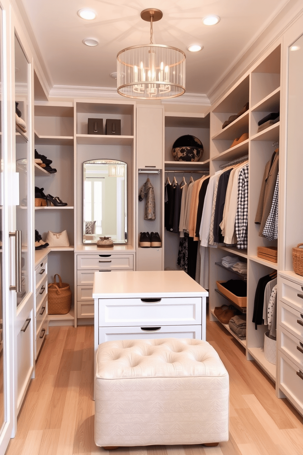 A stylish walk-in closet featuring multi-functional furniture that maximizes space and utility. The design includes a central island with drawers for accessories, surrounded by open shelving and hanging racks for clothing. Incorporate a full-length mirror and a cozy seating area with a compact ottoman that doubles as storage. The color palette consists of soft neutrals, and the flooring is a light wood, enhancing the spacious feel of the closet.