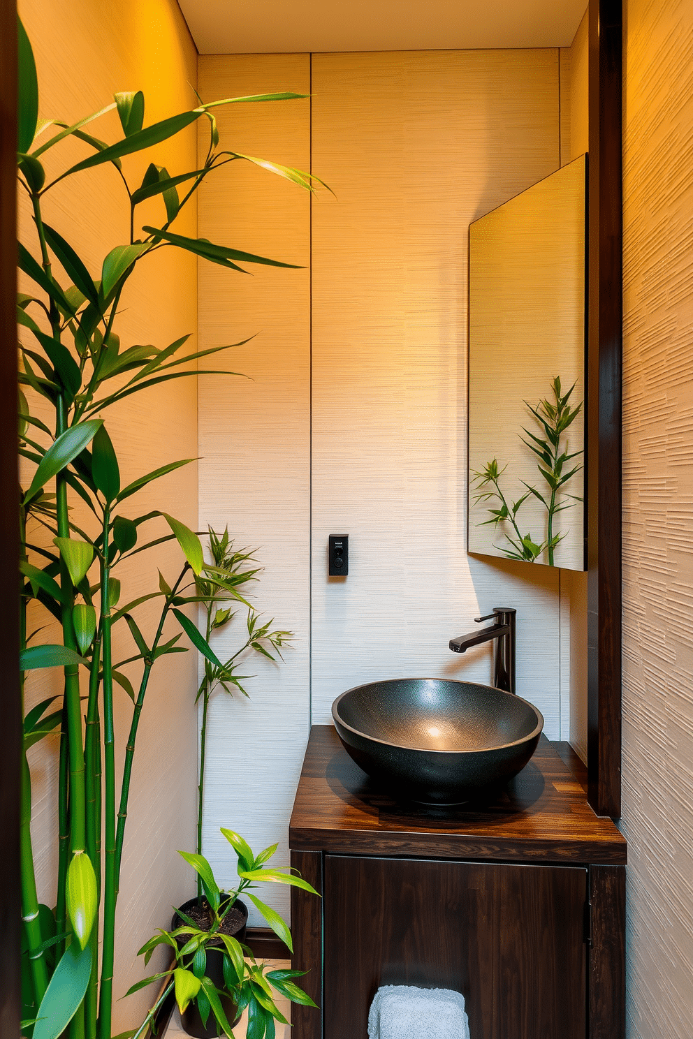 A serene Asian powder room featuring lush bamboo plants strategically placed in the corners, adding a fresh and calming touch to the space. The walls are adorned with delicate rice paper panels, and a sleek, modern sink rests atop a dark wooden vanity, complemented by warm, ambient lighting.