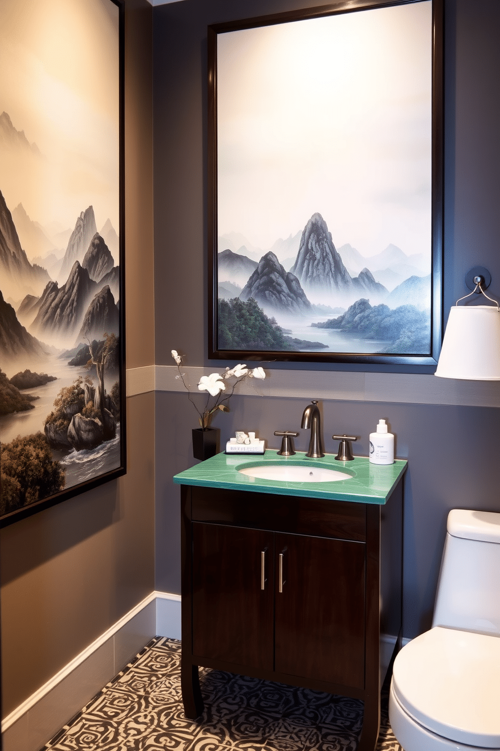 Artistic wall art featuring Asian landscapes. The room is adorned with large canvas paintings depicting serene mountains and tranquil rivers, framed in dark wood to enhance the elegance of the space. Asian Powder Room Design Ideas. The powder room features a sleek, dark wood vanity with a jade green countertop, complemented by intricate tile work inspired by traditional Asian patterns.