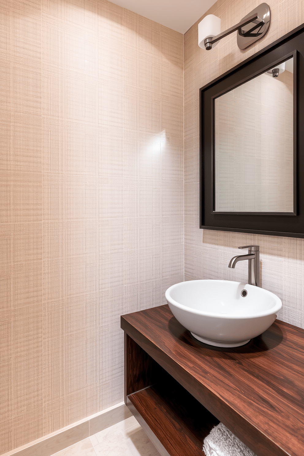 A serene Asian-inspired powder room features sleek fixtures in a brushed nickel finish, harmonizing with natural materials. The walls are adorned with subtle bamboo wallpaper, and a floating vanity made of dark wood complements the tranquil atmosphere.