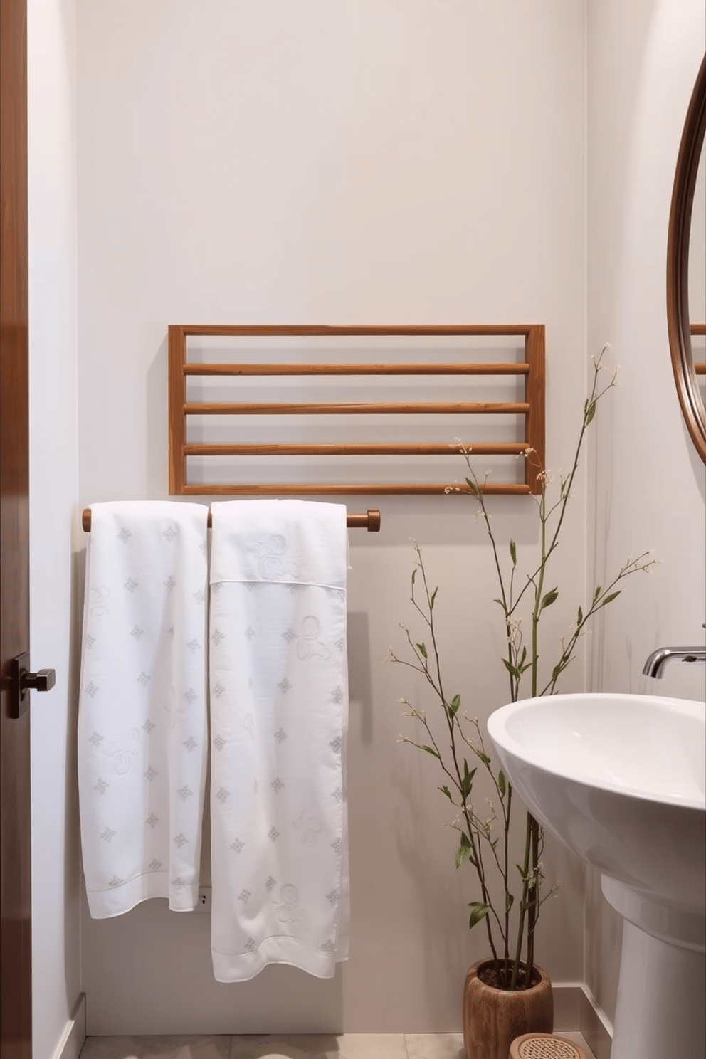 A serene Asian-inspired powder room features crisp white towels adorned with subtle patterns, elegantly draping over a sleek wooden towel rack. The space is accented with delicate bamboo plants and a minimalist sink, creating a tranquil atmosphere that invites relaxation.