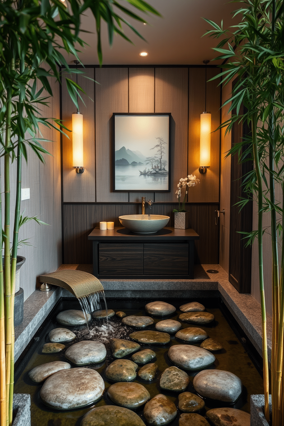 A serene Asian-inspired powder room features a calming water feature, where gentle streams flow over smooth stones, creating a tranquil ambiance. Bamboo plants frame the space, and the walls are adorned with subtle rice paper panels, enhancing the peaceful atmosphere. The vanity is crafted from dark wood, complemented by a sleek vessel sink made of natural stone. Soft, warm lighting illuminates the room, while delicate artwork depicting serene landscapes adds a touch of elegance.