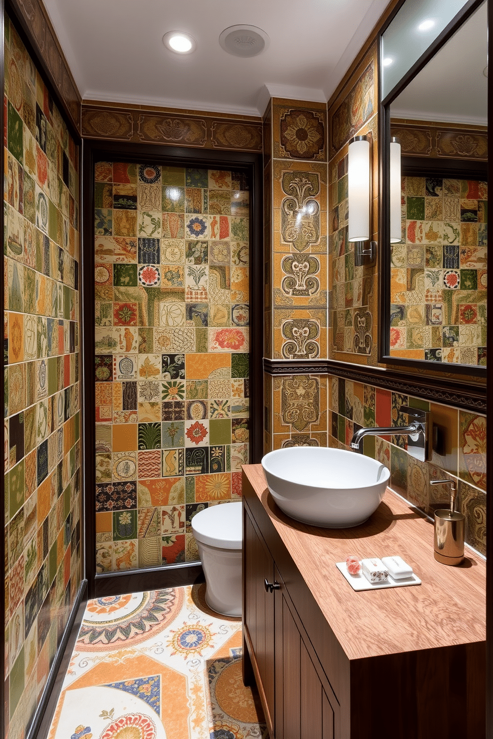 A serene Asian powder room featuring hand-painted ceramic tiles in vibrant colors, adding a unique flair to the space. The walls are adorned with intricate patterns, complemented by a sleek wooden vanity with a modern sink and elegant fixtures.