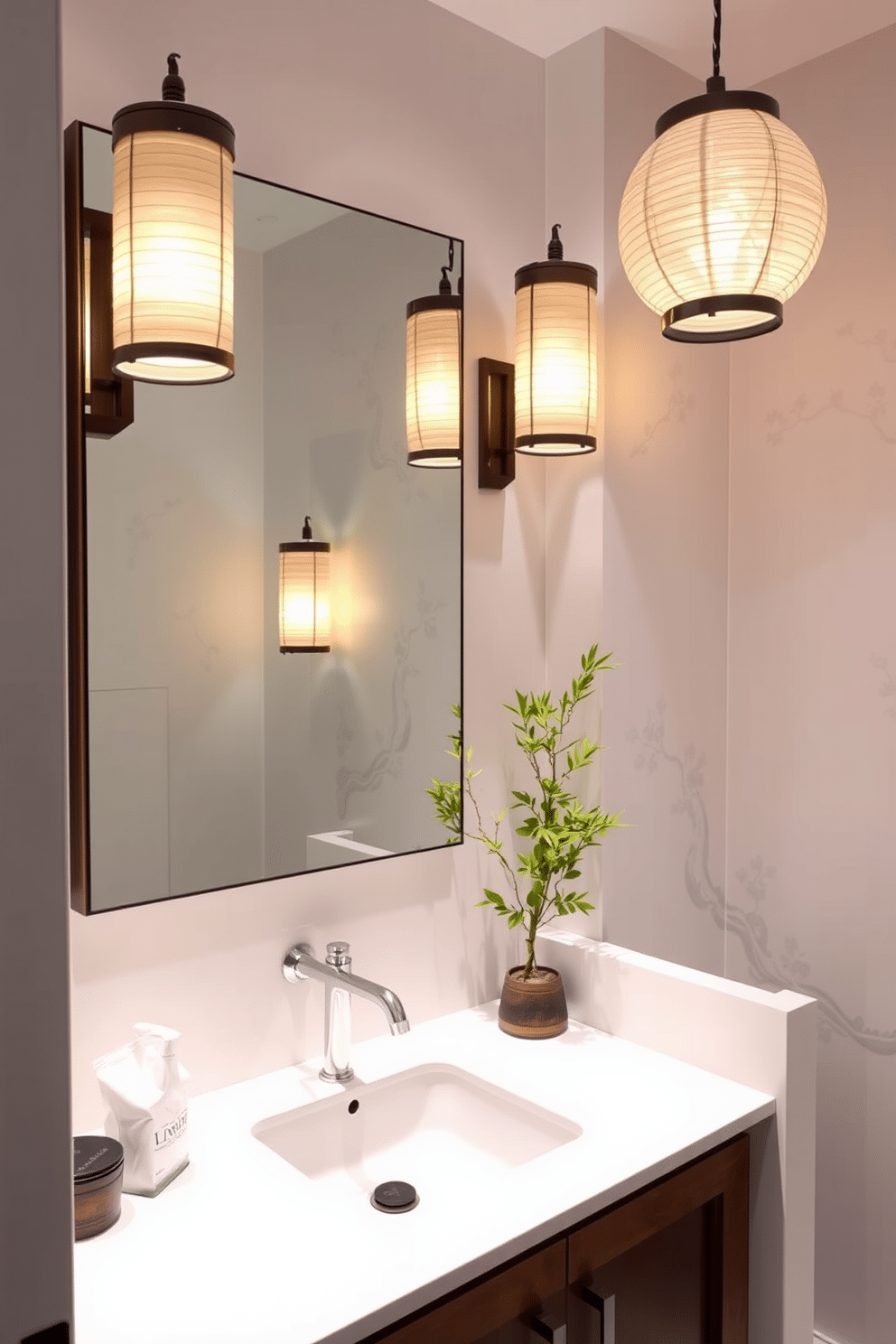 A serene powder room featuring soft lighting provided by elegant paper lanterns that cast a warm glow throughout the space. The walls are adorned with delicate Asian-inspired patterns, complemented by a sleek wooden vanity with a minimalist sink and a decorative bamboo plant in the corner.