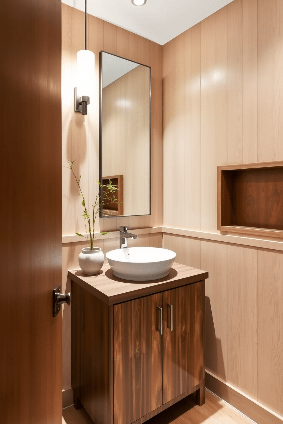 A serene powder room featuring warm wood tones that create an inviting atmosphere. The walls are adorned with light beige paneling, complemented by a rich walnut vanity topped with a sleek white sink. A delicate bamboo plant sits in a ceramic pot on the countertop, adding a touch of nature. The space is illuminated by soft pendant lighting, enhancing the tranquil ambiance of the room.