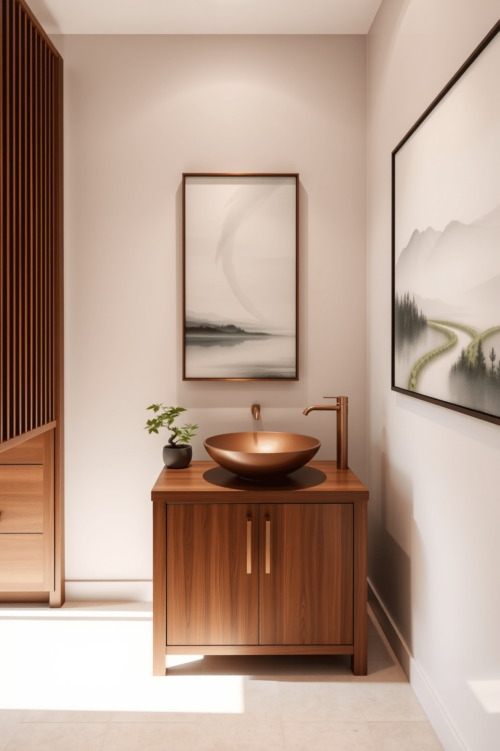 A serene Asian-inspired powder room features a minimalist design with soft, neutral tones. The walls are adorned with modern artwork that showcases delicate brush strokes and tranquil landscapes, creating a peaceful ambiance. The vanity is crafted from rich wood, paired with a sleek vessel sink and brushed gold fixtures. Bamboo accents and a small potted bonsai add natural elements, while subtle lighting highlights the artwork and enhances the room's elegance.