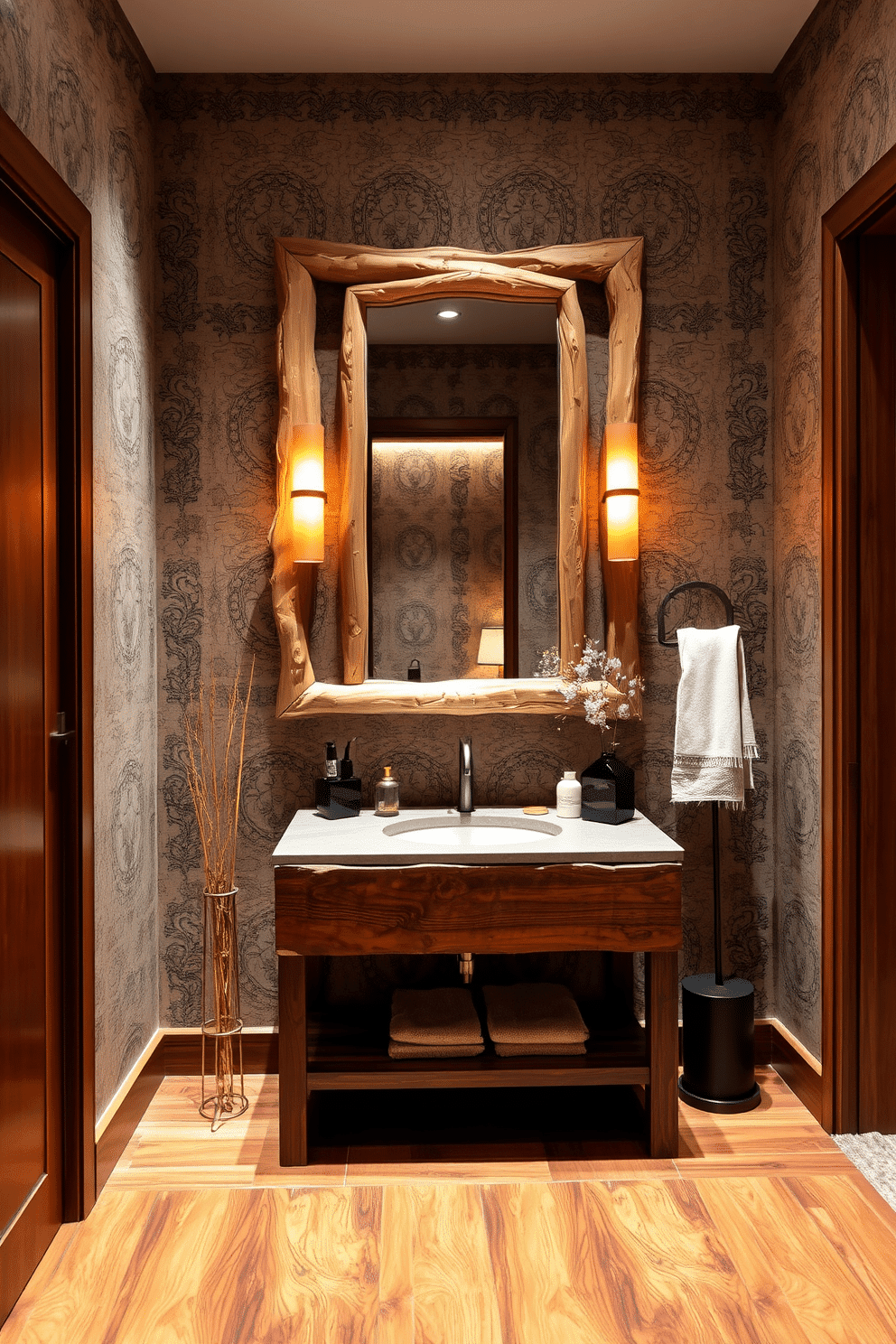 A unique mirror framed in natural materials serves as the focal point of the powder room, reflecting the warm ambient light. The walls are adorned with intricate Asian-inspired patterns, while the flooring features rich wooden planks that enhance the organic feel of the space. The vanity is crafted from reclaimed wood, topped with a smooth stone surface that complements the mirror's natural frame. Accents of bamboo and silk textiles are incorporated through decorative elements, creating a harmonious blend of modern elegance and traditional Asian aesthetics.