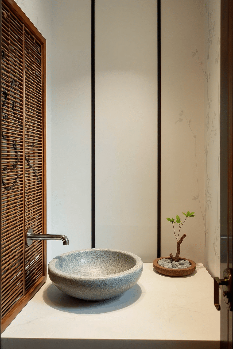 A serene Asian-inspired powder room featuring sculptural elements such as a carved wooden screen and a stone basin. The walls are adorned with delicate bamboo wallpaper, and a small zen garden with smooth pebbles is placed on the countertop for tranquility.