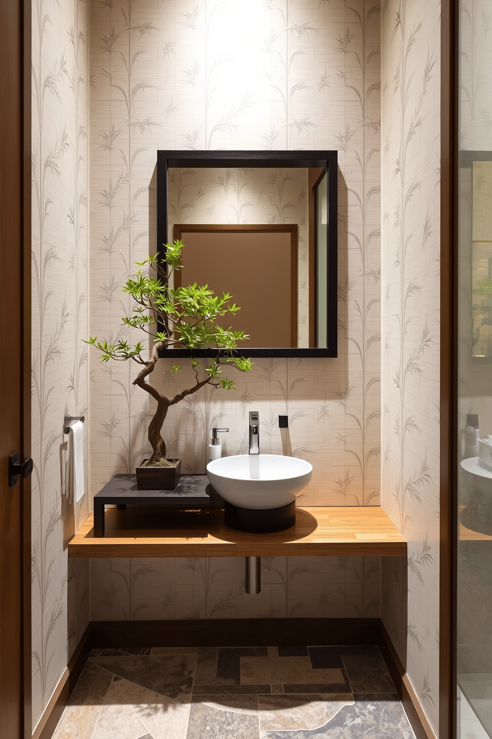 A serene Asian powder room featuring a small bonsai tree on a sleek wooden shelf, adding a touch of nature and tranquility. The walls are adorned with delicate bamboo wallpaper, and the floor is covered with natural stone tiles that complement the organic theme.